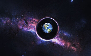 Eath planet of Solar system with moon Black hole somewhere in space. View through the wormhole. Dramatic space background. Science fiction. 3D rendered illustration