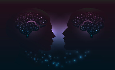 Man and woman head whith brains. Abstract couple face silhouette with circles. Vector illustration - obrazy, fototapety, plakaty