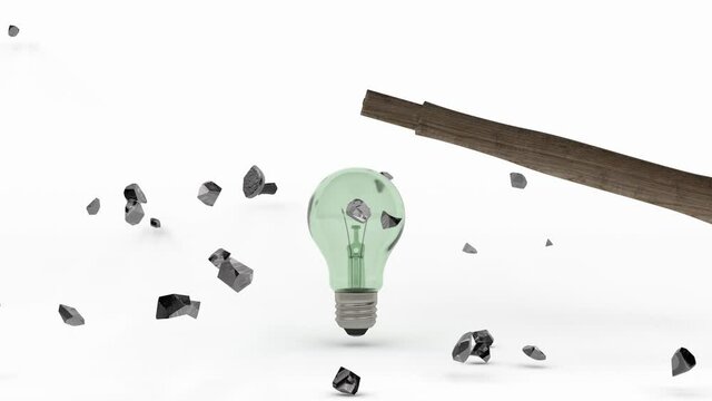 3D animation of a hammer that hits a glass bulb and shatters.