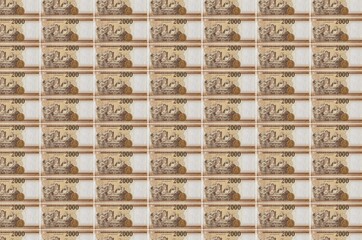 2000 Hungarian forint bills printed in money production conveyor. Collage of many bills. Concept of...