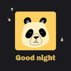 Vector illustration Good night sleepy panda face isolated in a yellow frame on a black background. Beautiful design for printing greeting card, poster, t-shirt, baby clothes, fabric