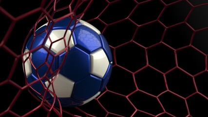 Blue-Black Soccer Ball in the Red Goal Net under spot lighting. Concept subjects such as technology, virtual reality, augmented reality, artificial intelligence. 3D illustration. 3D CG.