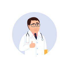 Young smiling Caucasian male doctor portrait in lab coat with stethoscope shows thumb up sign wink. Flat circle avatar icon of physician person approval ok gesture. Medical cartoon vector illustration