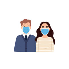 Young people man woman wear protective surgical face mask flat icon. Flu virus coronavirus infectious disease epidemic pandemic health safety sign Cartoon persons in air pollution mask. Medical vector