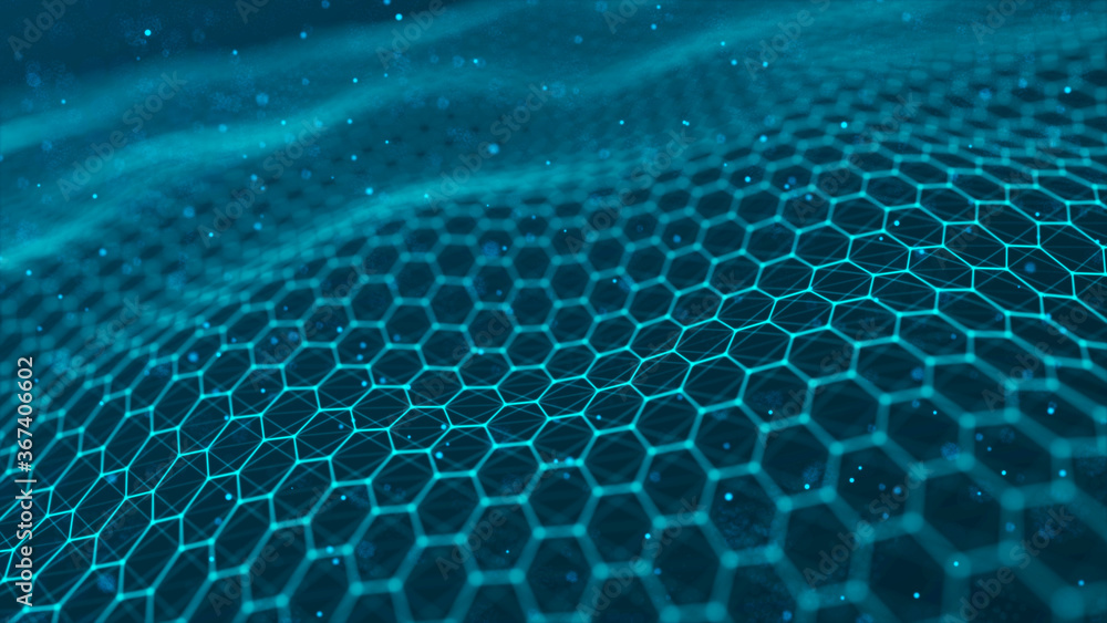 Poster futuristic blue hexagon background. futuristic honeycomb concept. wave of particles. big data visual