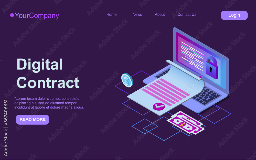 Aufkleber electronic contract isometric web banner, e-signature on document at laptop screen digital signing s