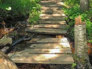 Wooden walkway over a stream, with a board missing