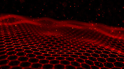 Futuristic white hexagon background. Futuristic honeycomb concept. Wave of particles. Abstract fire background with a dynamic wave. Big data visualization. 3d rendering.