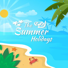 Fototapeta na wymiar Hello summer in flat design background. Summer vector illustration banner design concept in beach.