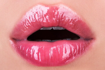 Girl open mouths. Natural beauty lips. Woman lips with pink lipstick. Sensual womens lip balm. Red lip with glossy lipgloss. Close up, macro with beautiful mouths.