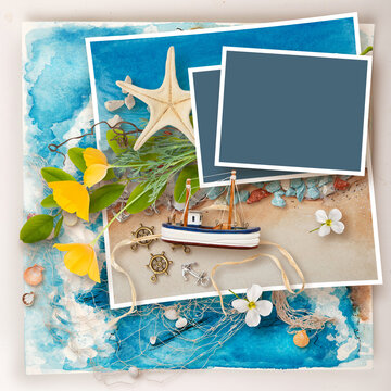 marine scrapbook frame on blue watercolor painted sea background. Sea mood memory page for family album about vacation. Marine style frame with ship, sea srars, shells, fishnet and helm. Sea memories