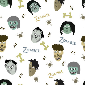 attern of images of zombies and various elements on a white background
