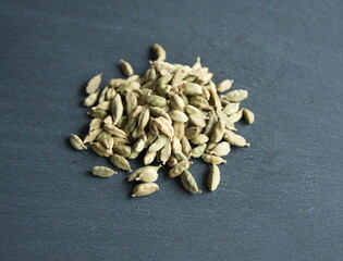 Green cardamon (Elettaria cardamomum), Cardamom pods on grey background