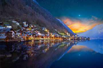 Hallstatt village at night with stars in the sky in Austria