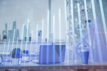 Double exposure of stock market graph drawing and office interior background. Concept of financial analysis.