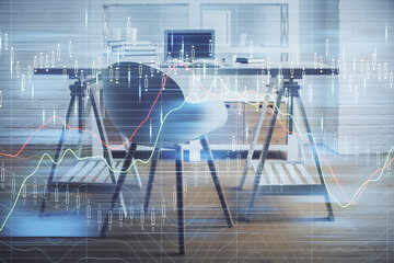 Double exposure of financial graph drawing and office interior background. Concept of stock market.