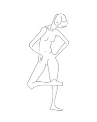 One line woman, Hand-drawn picture silhouette. Vector illustration Woman model poses for drawing. Black outline isolated on a white background. Minimalistic poster for printing pictures or textiles