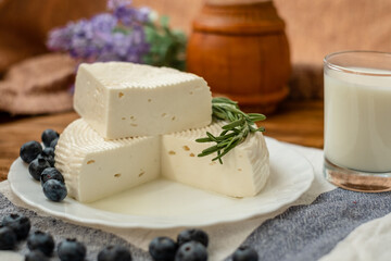 A head of cheese in a white plate lies on the table with blueberries and rosemary. Fresh goat cheese lies on a wooden table.