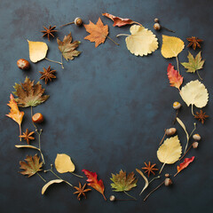 Autumn floral design greeting card. Fall yellow leaves wreath on dark surface. Thanksgiving day, seasonal concept. Copy space.