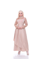 Full body portrait of lady use a wedding dress, wedding makeup on hijab. Malay or indonesia wedding dress, beauty or eidul fitri concept. Beautiful southeast asian muslim woman posing in islam dress