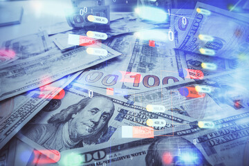 Double exposure of data theme drawing over us dollars bill background. Technology concept.