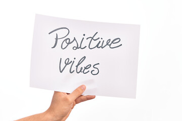 Cardboard banner with POSITIVE VIBES text over isolated white background
