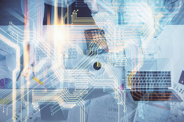 Double exposure of man and woman working together and world map hologram drawing. international network concept. Computer background. Top View.