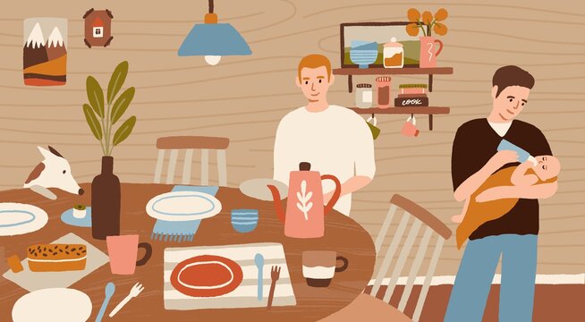 Happy family homosexual couple cooking dinner at wooden kitchen together. Gay parents doing housework, serving food, feeding baby. Home scene of daily routine, life. Flat vector cartoon illustration