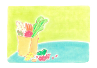 テーブルの上と紙袋には、大根、人参ピーマンなど様々な食材が描かれている