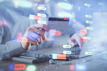 Double exposure of man hands holding a credit card and data theme drawing. E-commerce and technology concept.