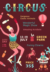 Shapito circus performance promo poster. Funny clown, woman juggler on monocycle, trained horse, rabbit and magic performing show. Announcement with place for text. Flat vector cartoon illustration