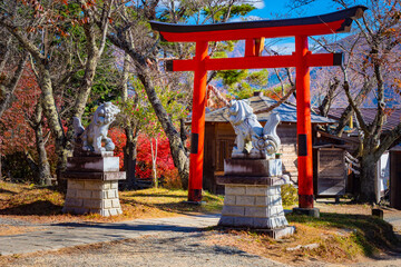 Japan. Kofu. Red gate, wooden building and mythological creatures on pedestals. Autumn canyon in Kofu. Japanese mythology. Sunny day in Japan. Japanese torii and sculptures. Culture of Japan.