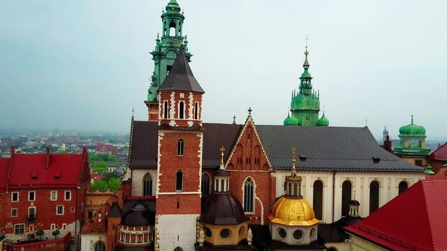 Aerial rising shot of Wawel Cathedral in Krakow, Poland. 4K at 30 FPS