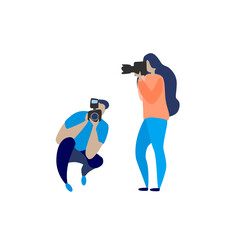 Various photographers holding photo camera and photographing. Creative profession or occupation. Cute female and male cartoon characters take photo shot Colored vector illustration flat style on white