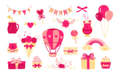Valentine day or wedding set. Flat cartoon design. Cute letter, gift bouquet and boxes. Rainbow drink, sweets balls decorations for holiday. Pink objects collection. Isolated vector illustration