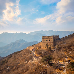 Fototapeta premium Beijing, China - Jan 14 2020: The Great wall of China at Badaling built in Ming Dynasty, it's the most poppular section for tourist by millions annually