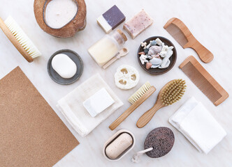 Fototapeta na wymiar Set of Soap Eco Bag, bamboo toothbrush, Geometry natural Eco cosmetics products and tools.