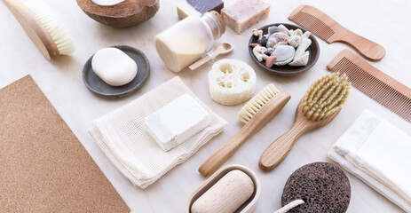 Set of Soap Eco Bag, bamboo toothbrush, Geometry natural Eco cosmetics products and tools.