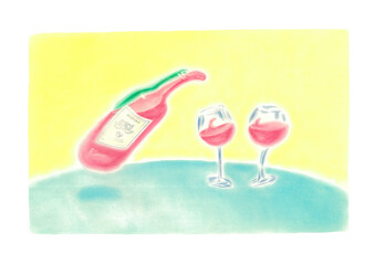 テーブルの上のワインボトルがグラスにワインを注ぎグラスはウキウキしている
