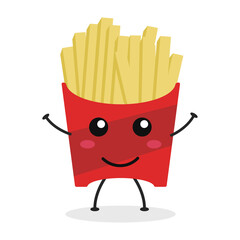 Cute flat cartoon french fries illustration. Vector illustration of cute fries with a smiling expression.