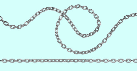 Iron metal curved and straight long chain. 3D rendering isolated image.