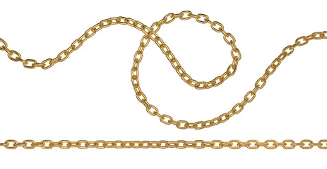Golden metal curved and straight long chain. 3D rendering isolated image.