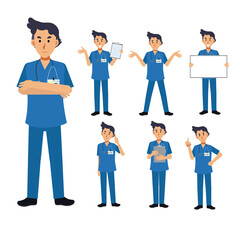 Vector Set of male Doctor character. medical Illustration.