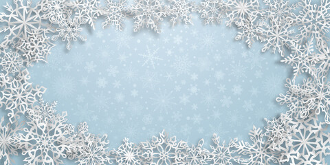 Christmas background with ellipse of paper snowflakes with soft shadows on light blue background