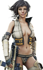 Obraz na płótnie Canvas Portrait of a futuristic sci fi female soldier with short brown hair wearing sexy military attire with a rifle at her side. 3d rendering on a white background