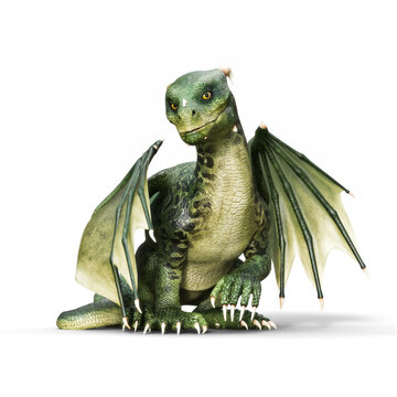 3d illustration of a small winged baby dragon sitting on an isolated white background. 3d rendering
