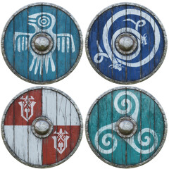 Collection two of various military round shields with metal and wood construction and decorative designs and patterns on an isolated white background. 3d rendering
