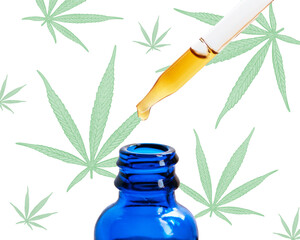 Cannabidiol Oil Measured Dosage From Blue Bottle Hemp Leaf White Background