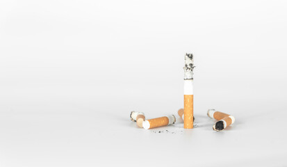 a burning cigarette with cigarette butt on white background with copy space. concept for illness,narcotic.