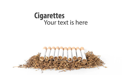 group of cigarettes  lay on heap of tobacco in white background. concept for narcotic, illness.